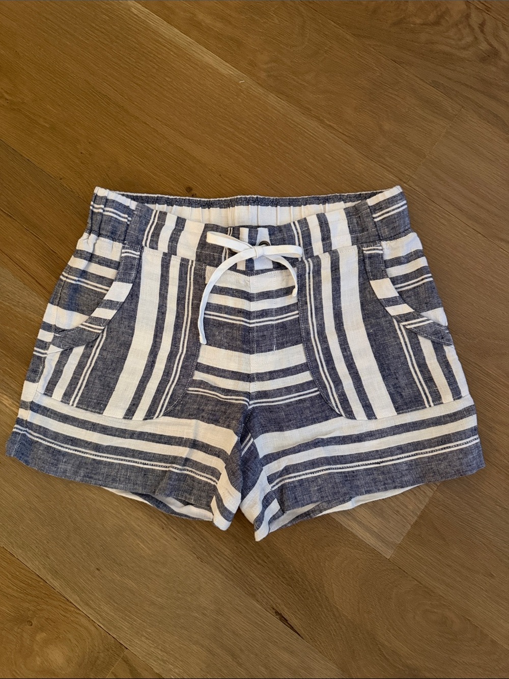 Athleta Navy and White Striped High-Waist Drawstring Shorts